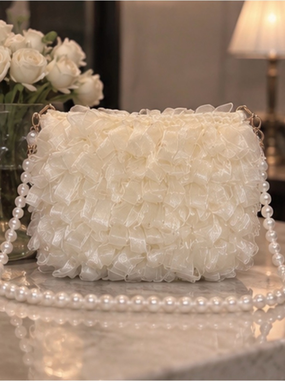 Elegant Cream Ruffle Pearl-Handle Evening Bag